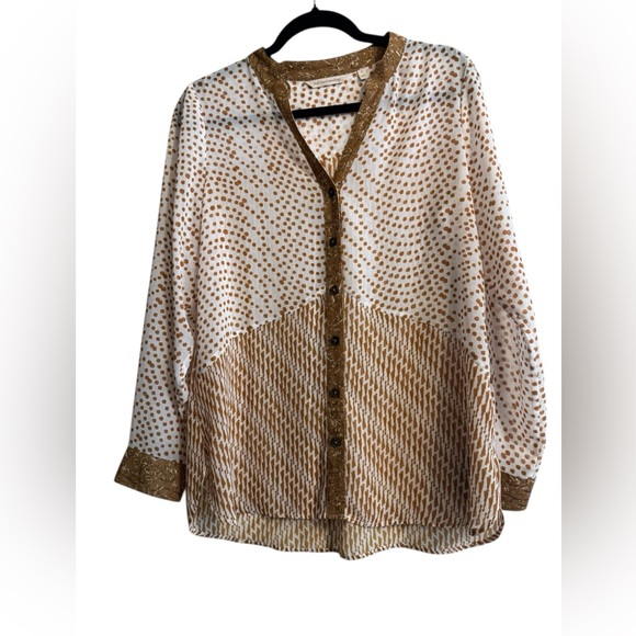 Tops - Soft Surroundings Women's Cream and Gold Button-Front Long Sleeve Blouse Size S
